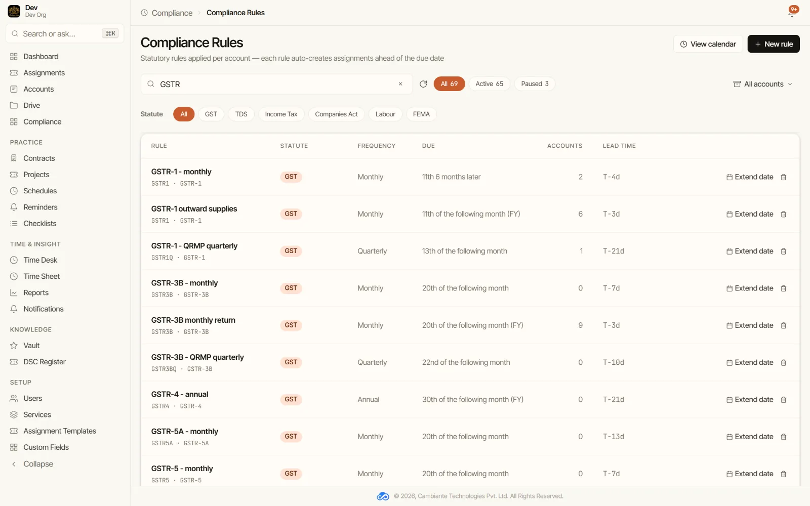 Cam-Desk compliance rules list with statute, frequency, due date and mapped accounts
